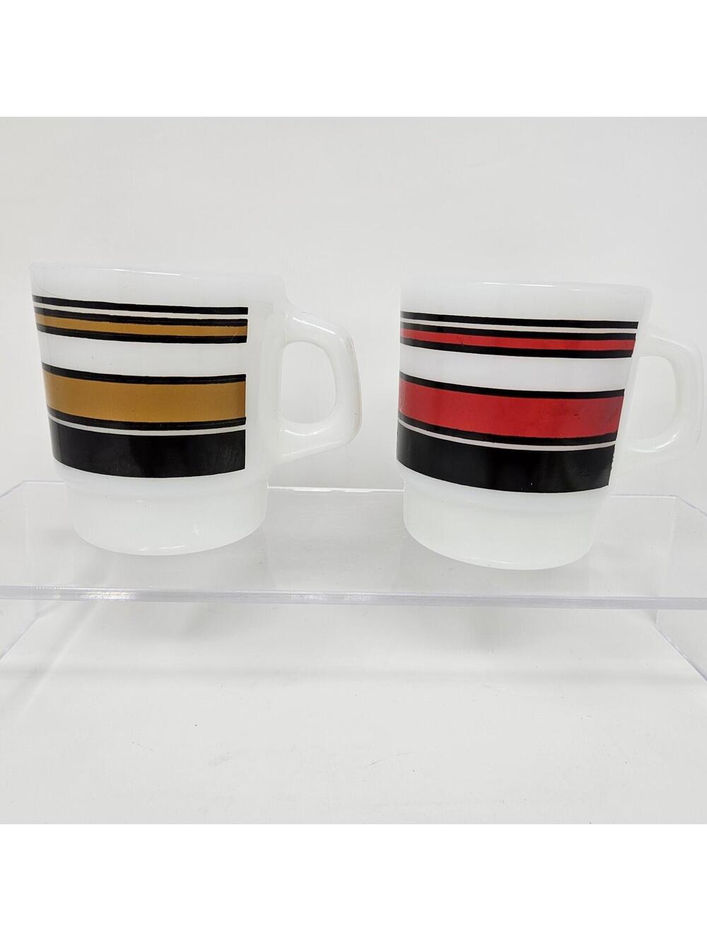 Set Of 2 Vintage Fire King Milkglass Super Stripe Mugs Brown Stripe & Red Stripe